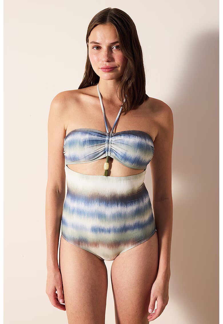Penti Costum halter de baie intreg - Albastru prafuit/Crem