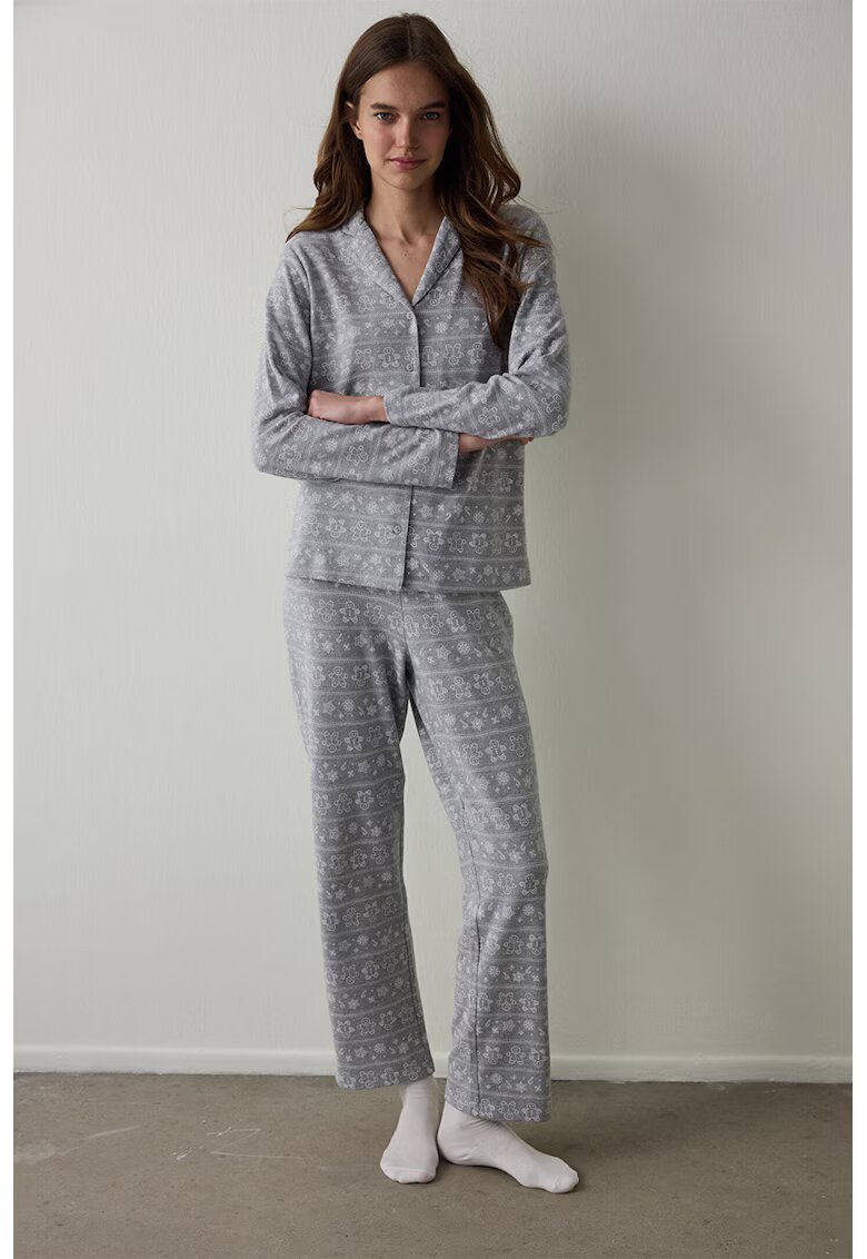 Penti Pijama cu pantaloni lungi si imprimeu - Alb/Gri