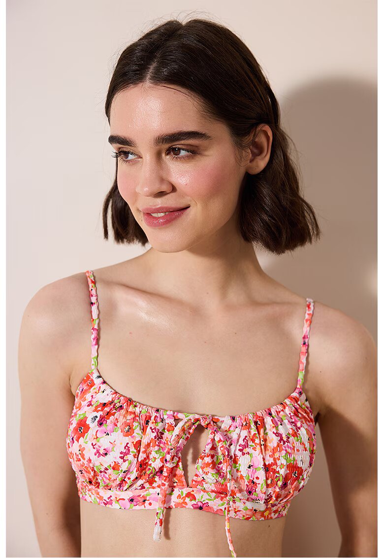 Penti Sutien de baie cu model floral si decupaj - Rosu/Alb/Roz