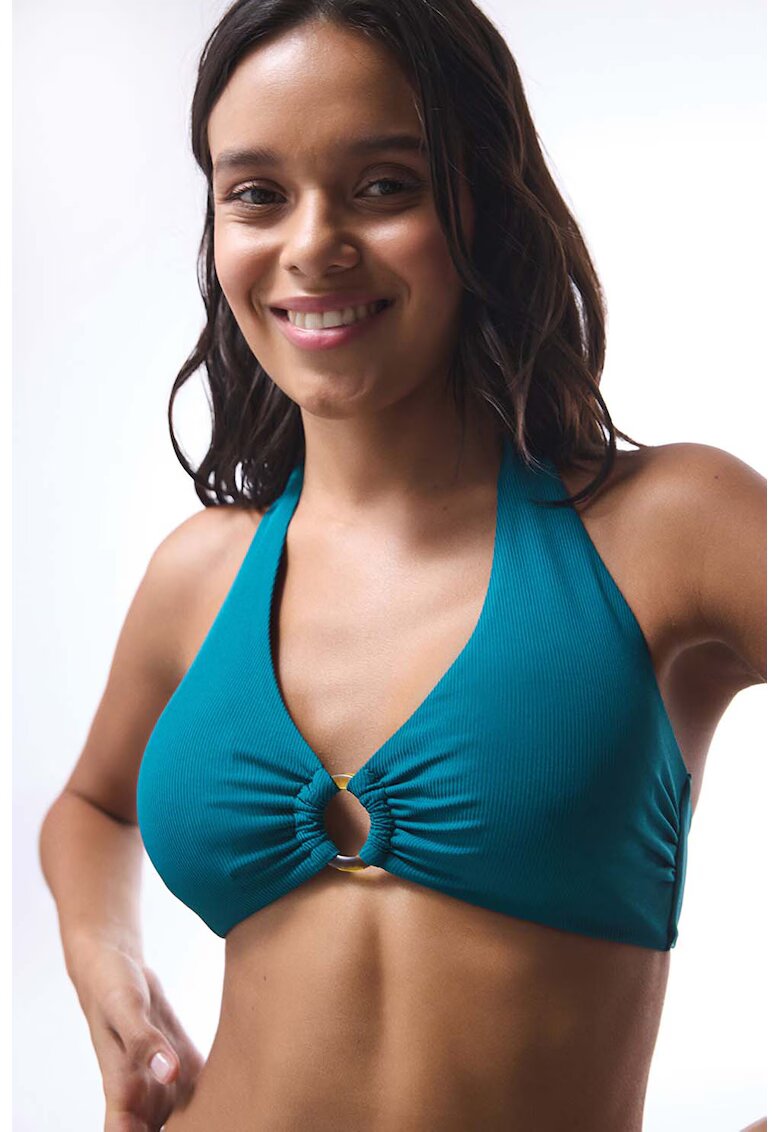 Penti Sutien de baie striat cu guler halter - Verde aquamarin
