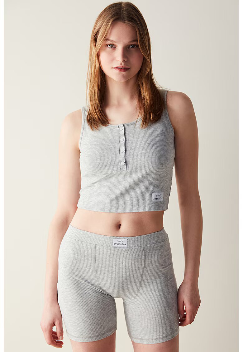 Penti Top de pijama striat cu aplicatie text discreta - Gri melange