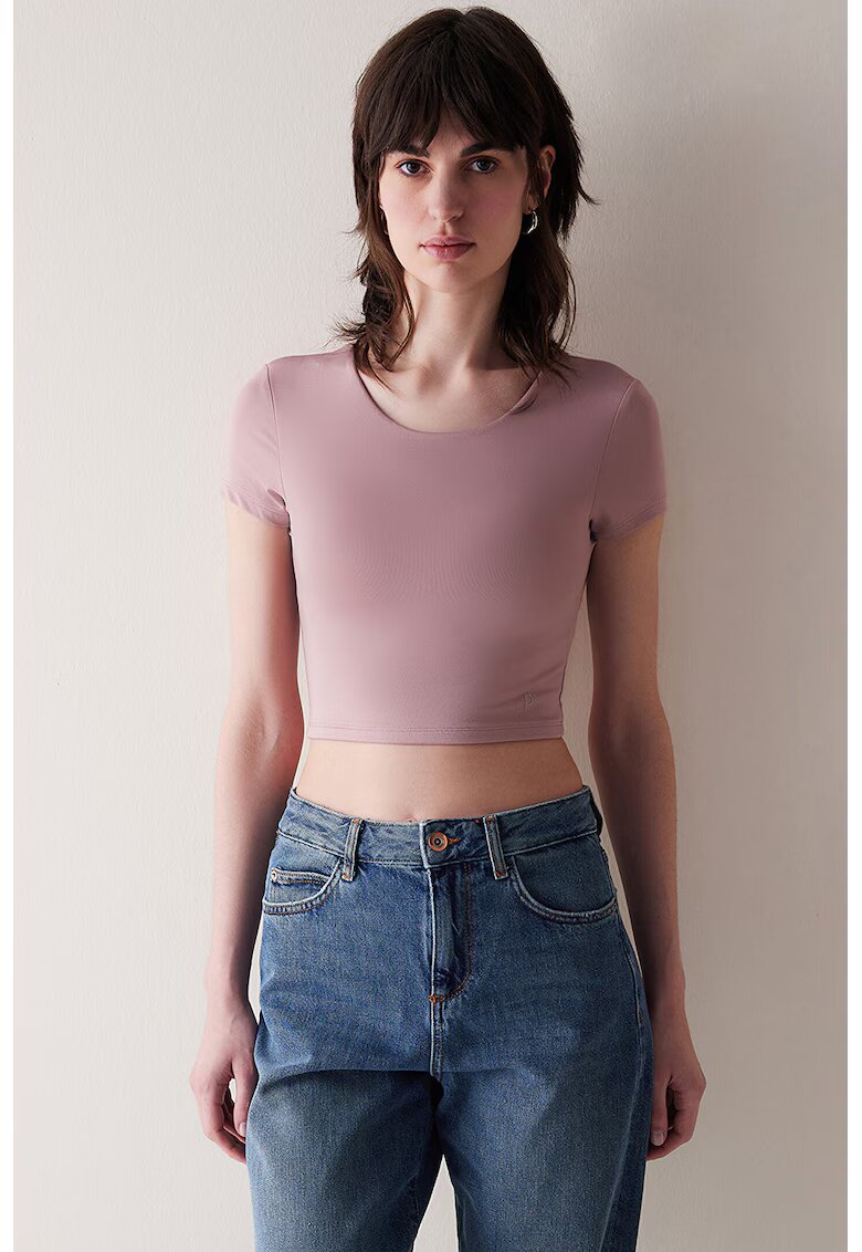 Penti Tricou crop cu model uni si decupaj pe partea din spate - Roz prafuit