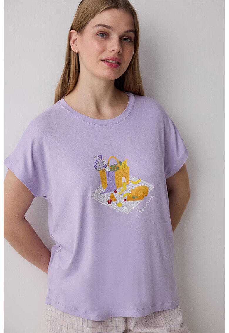 Penti Tricou de pijama cu imprimeu grafic - Lila/Alb murdar