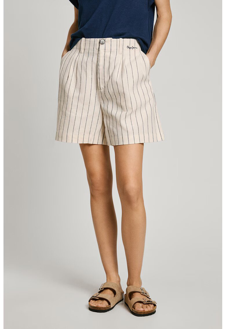 Pepe Jeans London Bermude din amestec de in cu model in dungi - Negru/Crem