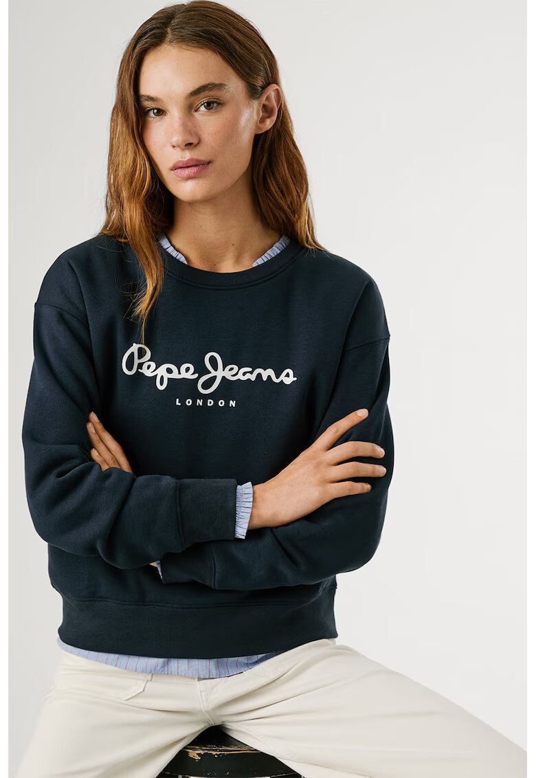 Pepe Jeans London Bluza de trening cu imprimeu logo si decolteu la baza gatului - Bleumarin