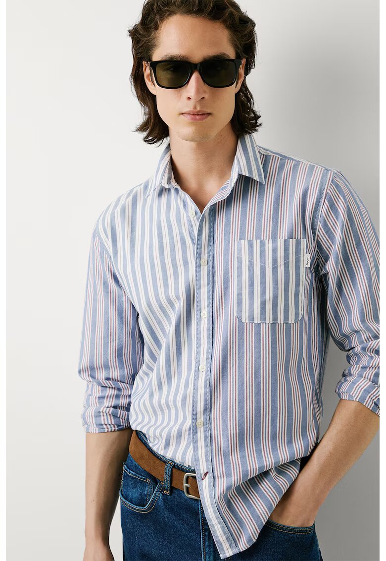 Pepe Jeans London Camasa in dungi cu buzunar pe piept - Alb/Visiniu/Albastru deschis