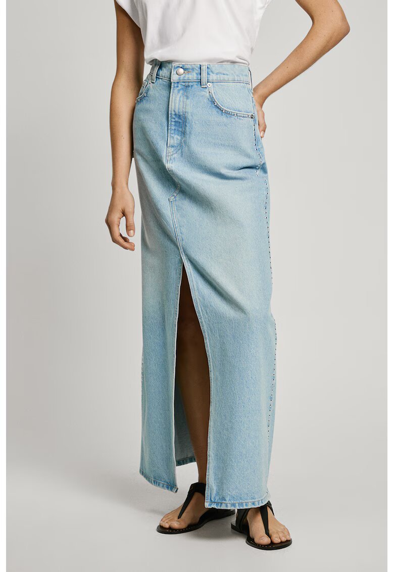 Pepe Jeans London Fusta maxi din denim cu slit frontal - Albastru deschis