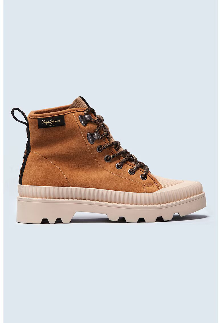 Pepe Jeans London Ghete din piele intoarsa cu talpa contrastanta - Maro scortisoara
