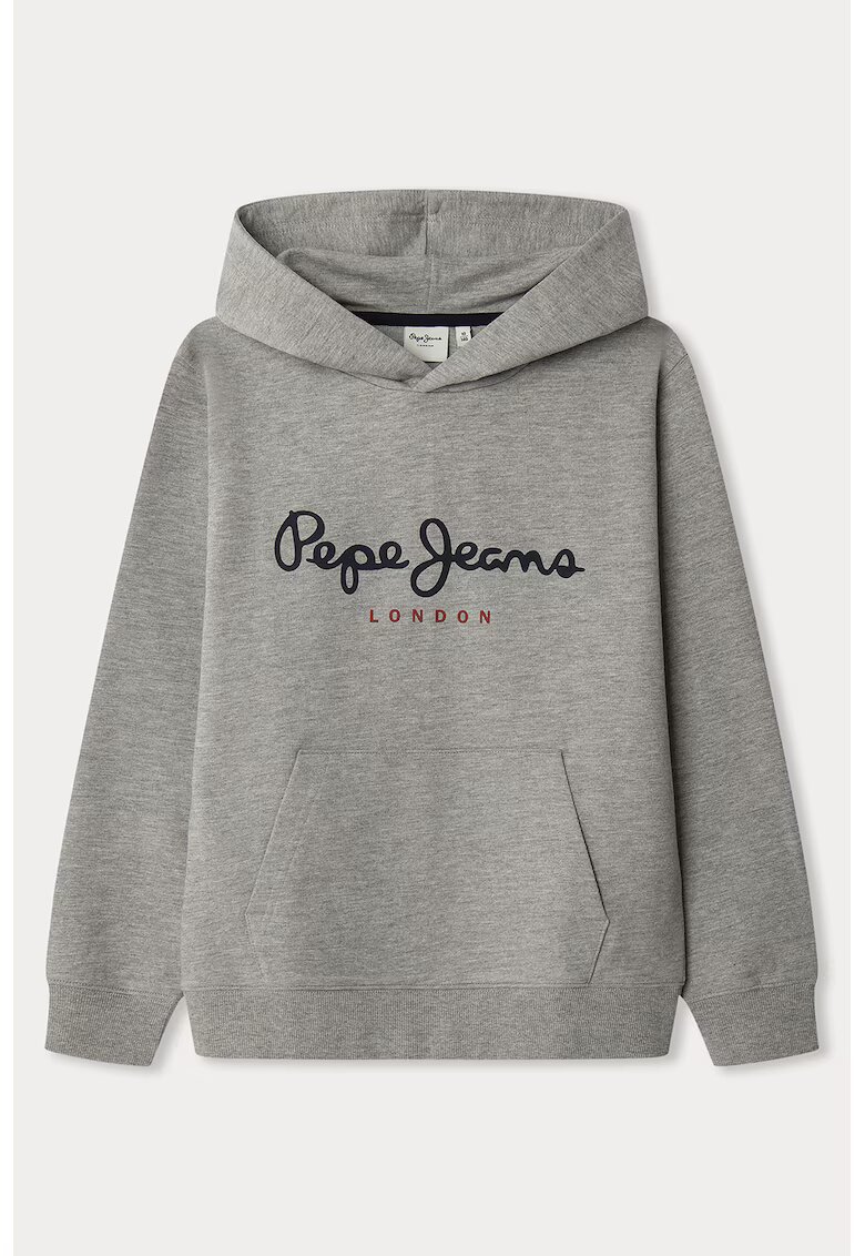 Pepe Jeans London Hanorac cu imprimeu logo si buzunar kangaroo - Gri melange/Bleumarin