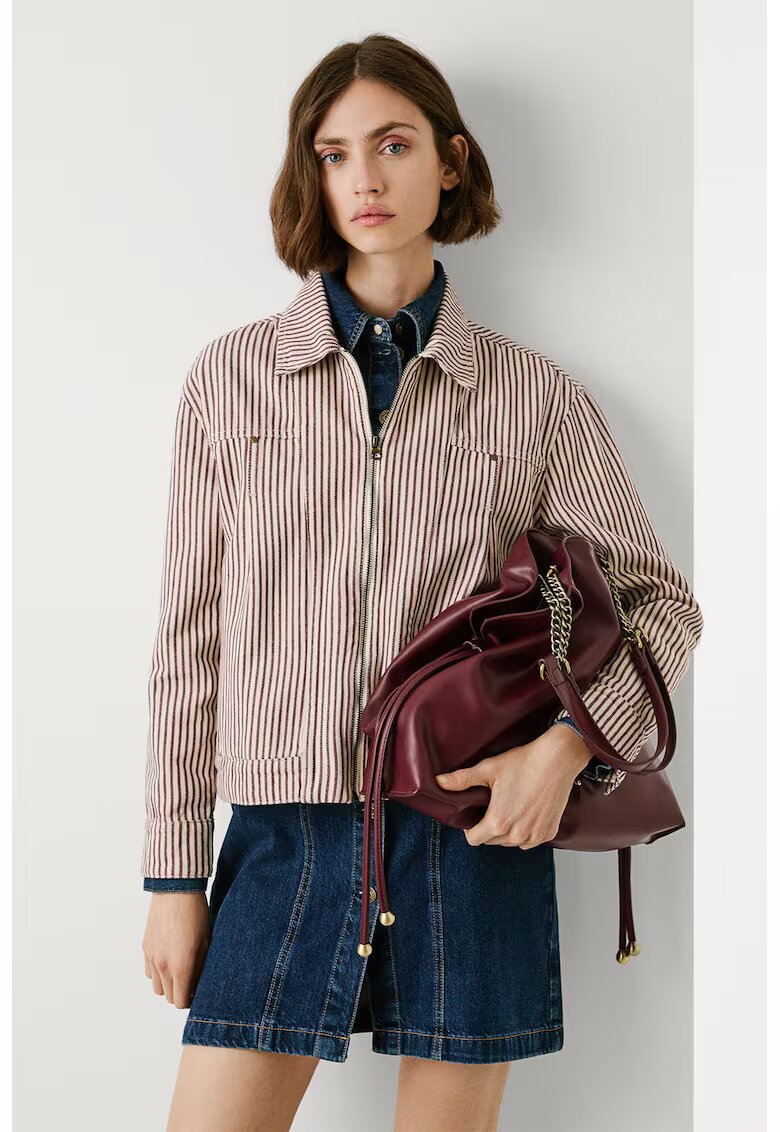 Pepe Jeans London Jacheta-camasa cu model in dungi si fermoar - Rosu/Alb fildes/Negru