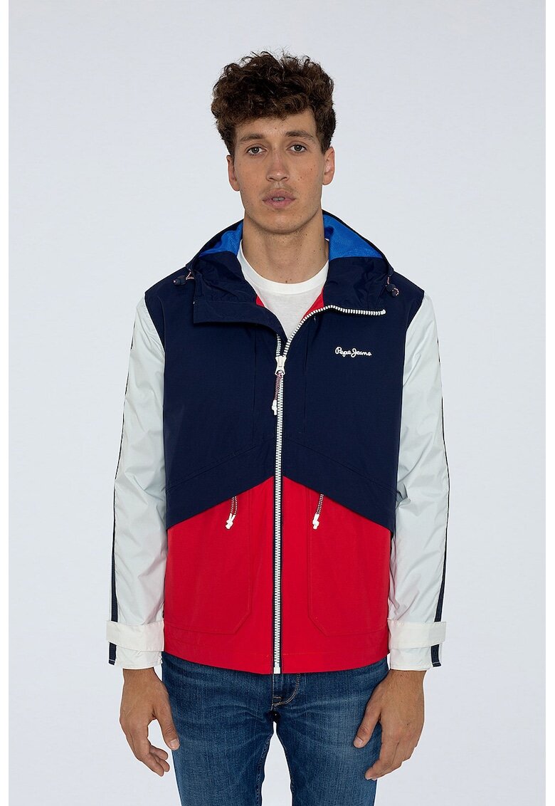 Pepe Jeans London Jacheta cu gluga si model colorblock - Rosu/Alb/Bleumarin