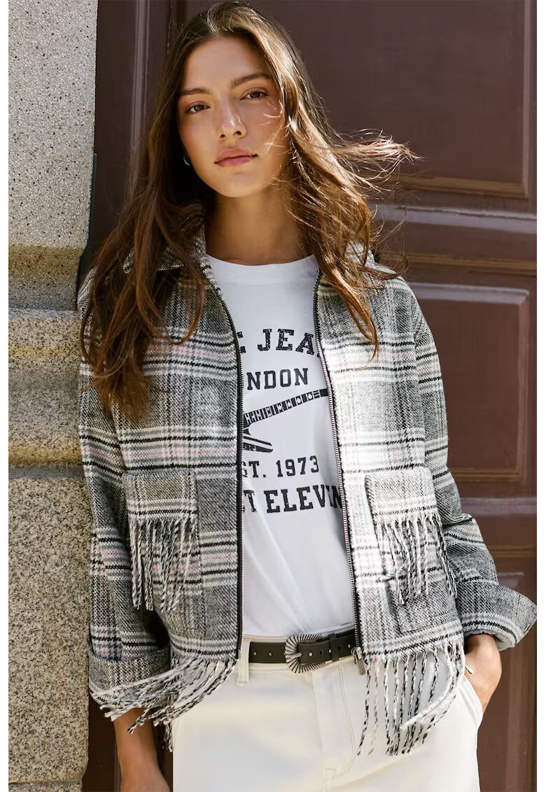 Pepe Jeans London Jacheta cu model in carouri si franjuri - Alb/Negru/Roz pastel