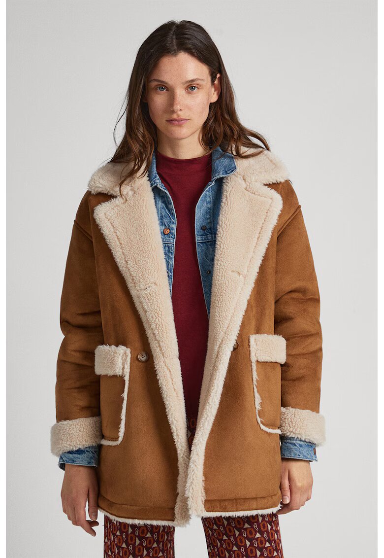 Pepe Jeans London Palton din piele intoarsa ecologica cu buzunare aplicate - Maro