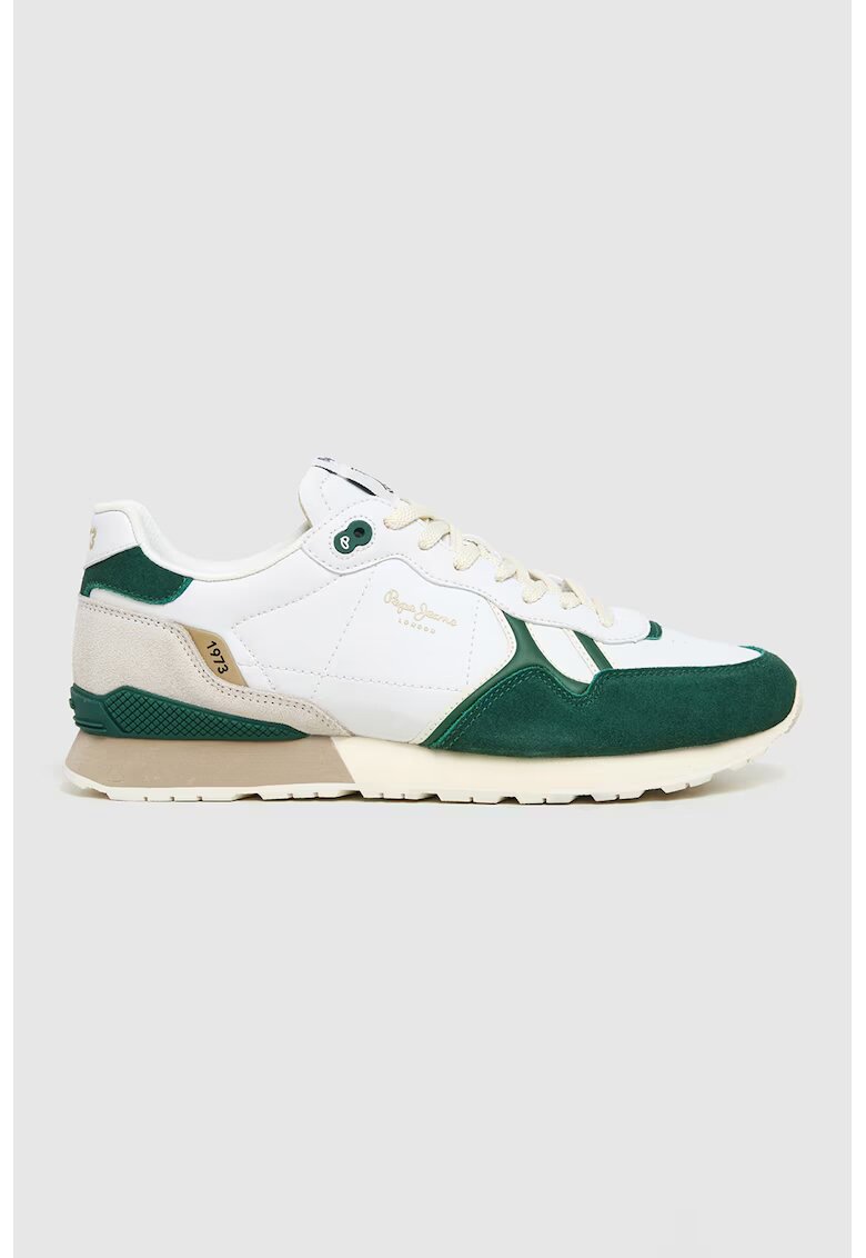 Pepe Jeans London Pantofi sport cu insertii de piele intoarsa - Alb/Verde englez