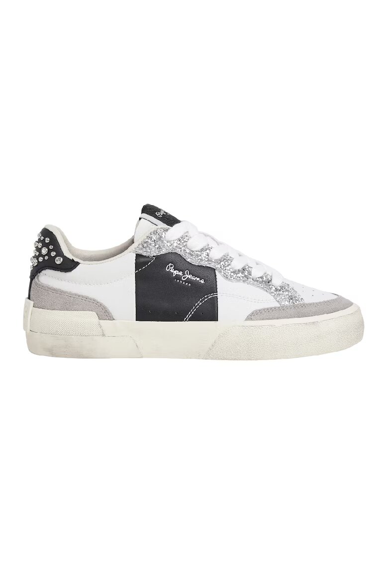 Pepe Jeans London Pantofi sport cu piele intoarsa si detalii stralucitoare - Alb/Negru/Argintiu