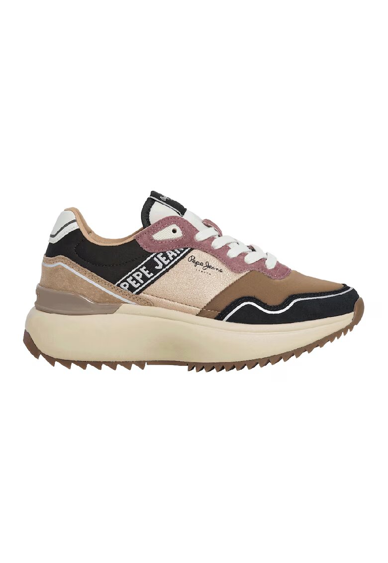 Pepe Jeans London Pantofi sport cu talpa wedge si garnituri din piele intoarsa - Auriu/Negru/Maro deschis