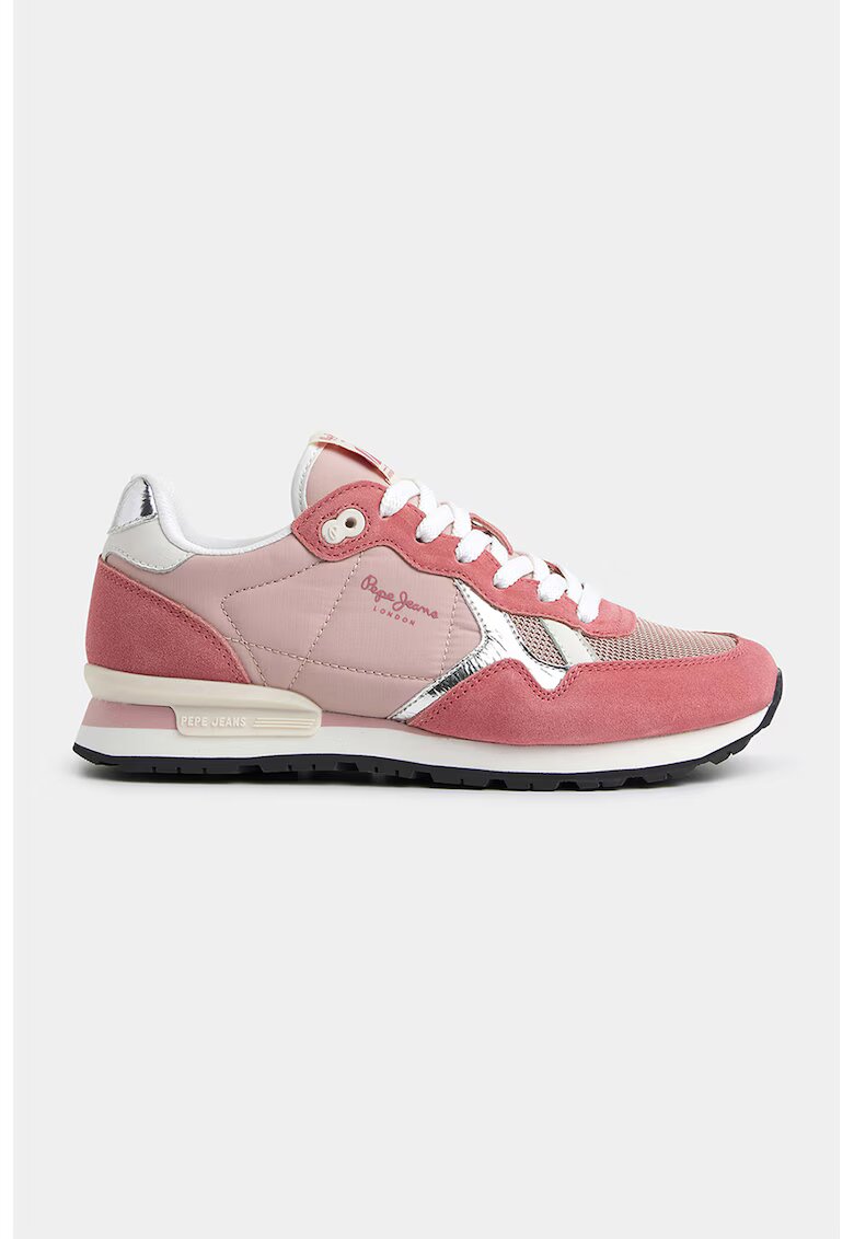 Pepe Jeans London Pantofi sport de piele intoarsa si material textil - Roz/Argintiu
