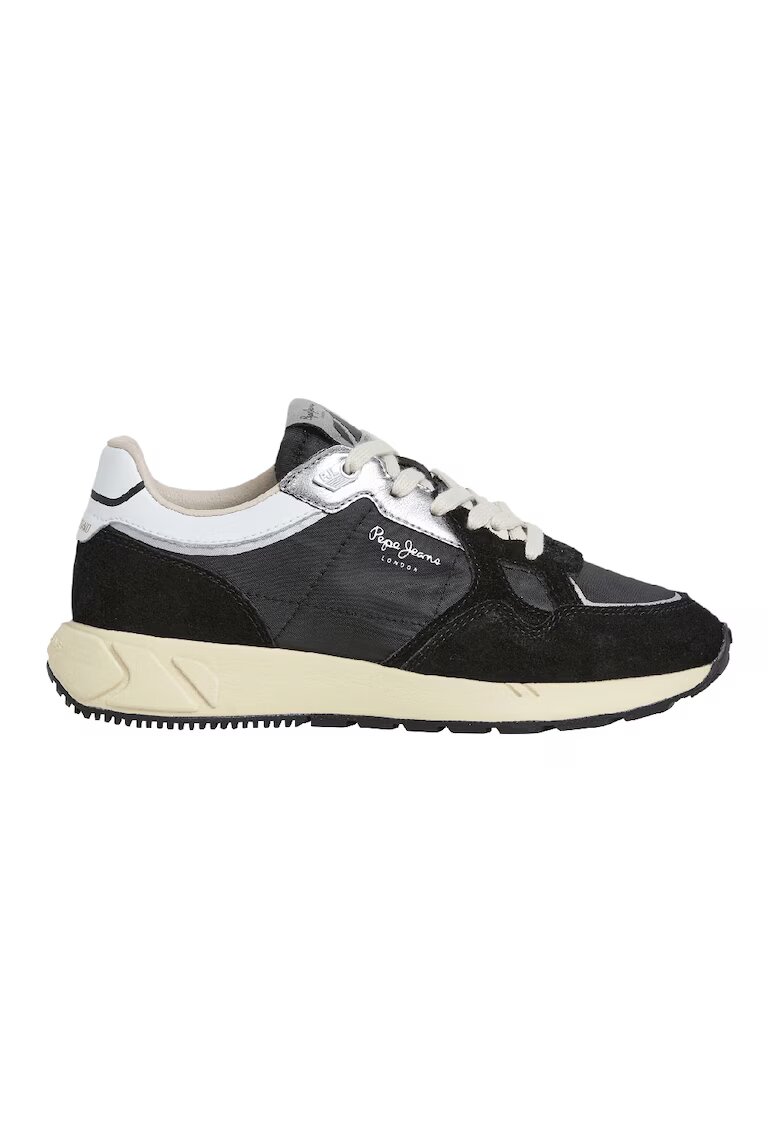 Pepe Jeans London Pantofi sport din piele intoarsa cu insertii din material textil - Alb/Negru/Argintiu