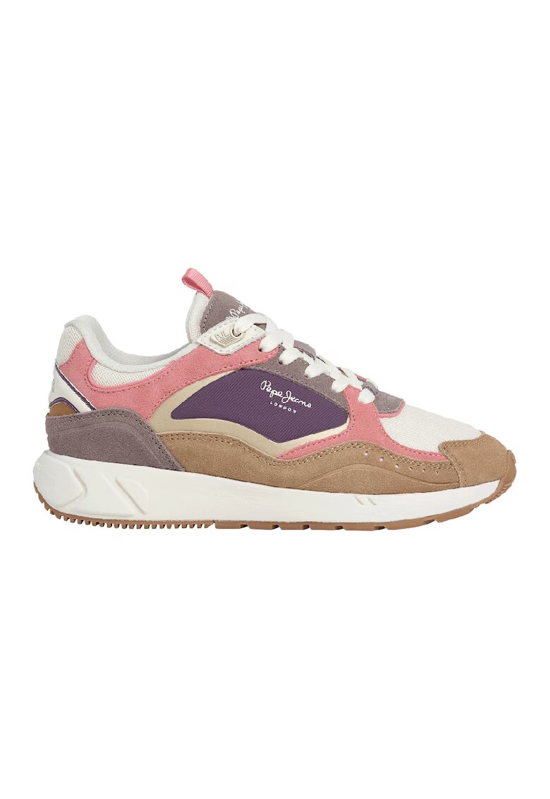 Pepe Jeans London Pantofi sport din piele intoarsa cu insertii din plasa - Alb/Maro deschis/Ametist