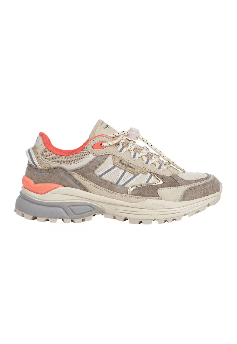 Pepe Jeans London Pantofi sport din piele intoarsa cu talpa wedge si garnituri din material textil - Maro taupe/Gri cenusiu/Maro taupe deschis