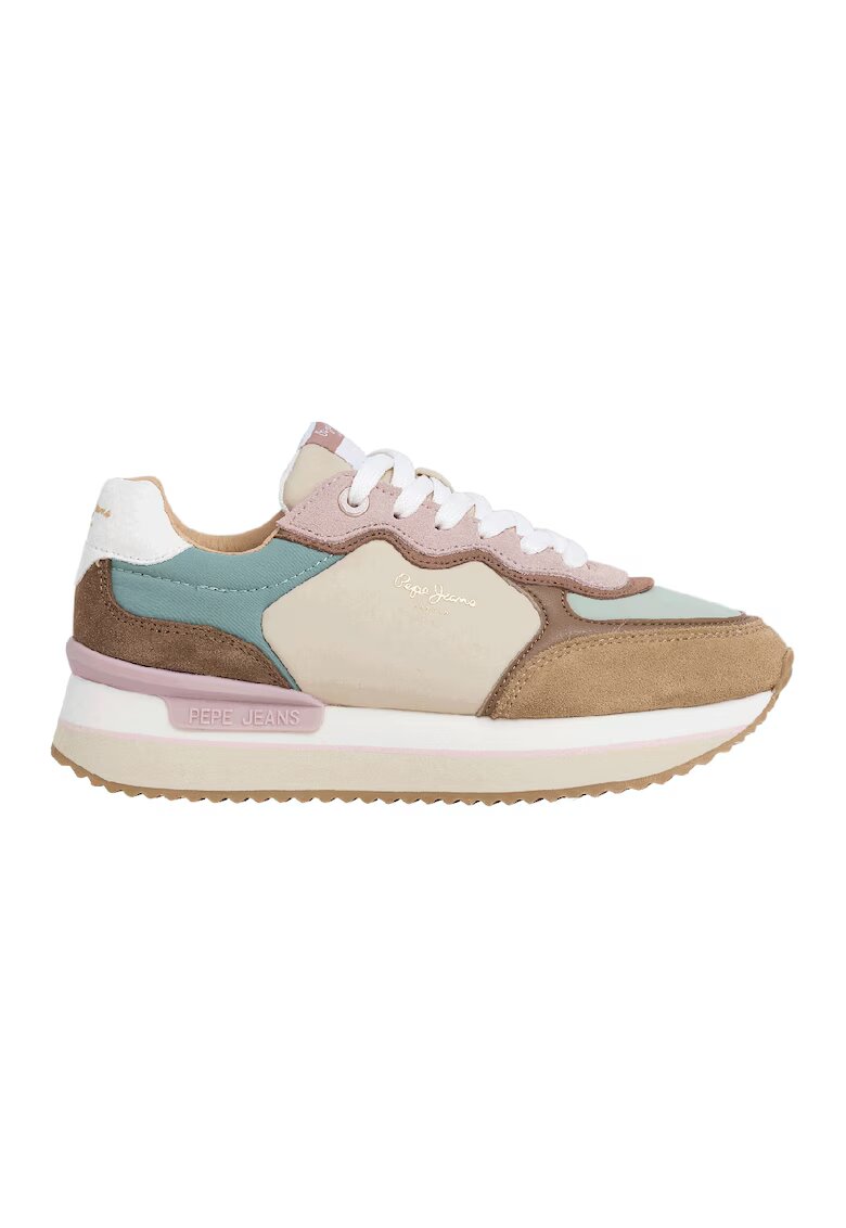 Pepe Jeans London Pantofi sport din piele intoarsa si material textil - Maro deschis/Roz pal/Verde persan