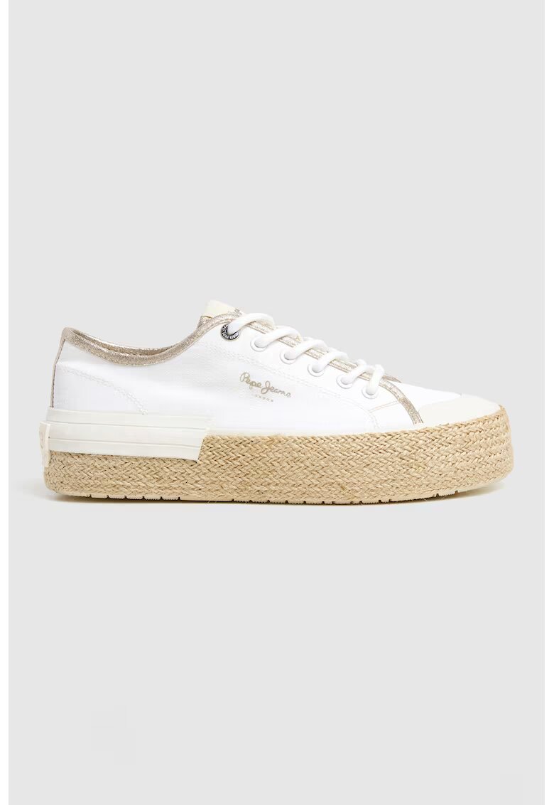 Pepe Jeans London Pantofi sport flatform din material textil - Alb/Auriu