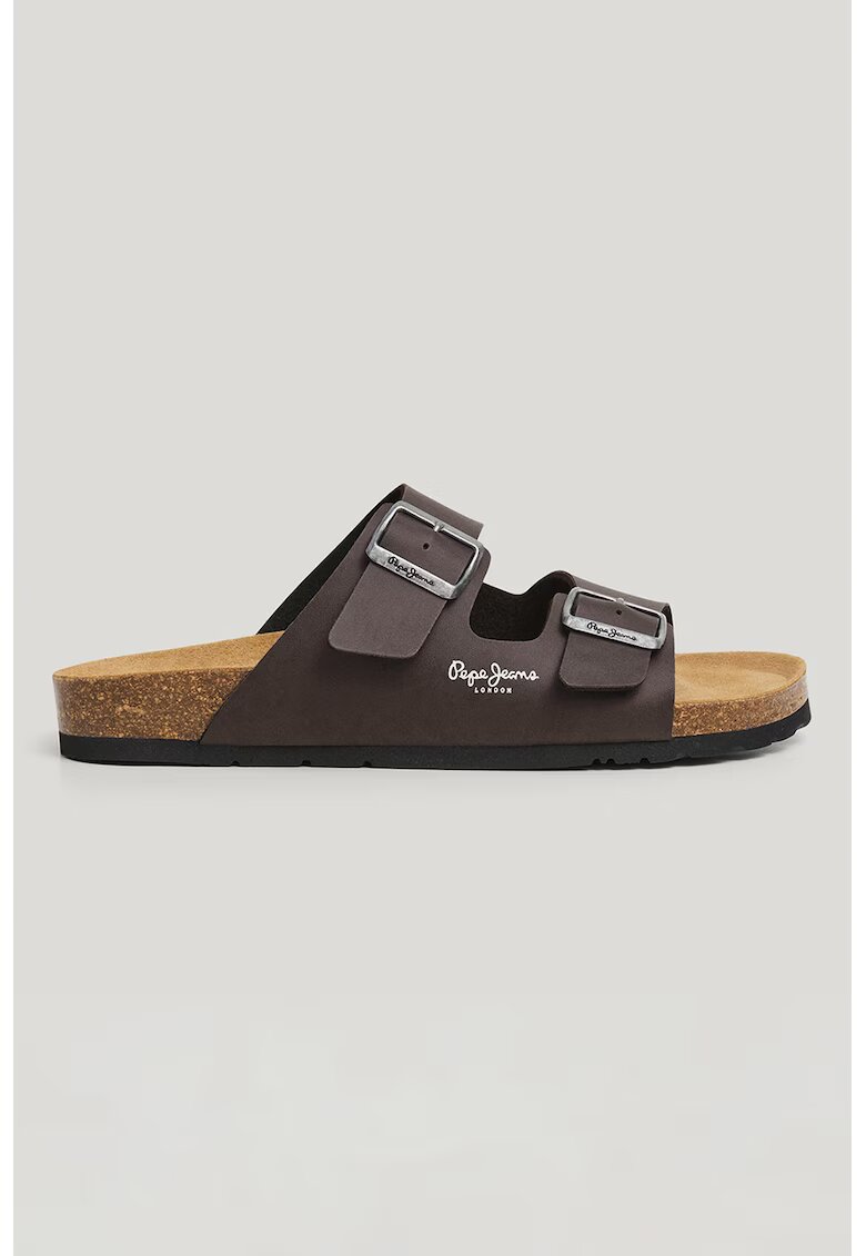 Pepe Jeans London Papuci de piele ecologica cu catarame - Maro inchis