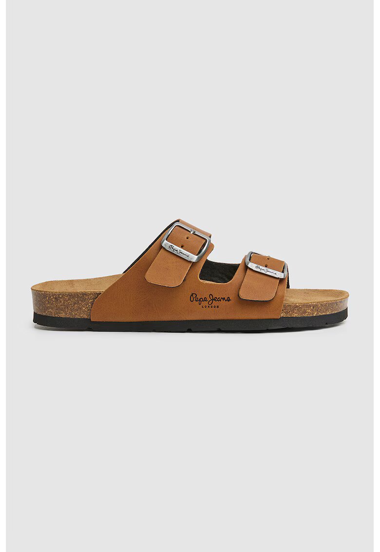 Pepe Jeans London Papuci de piele ecologica cu logo discret - Maro scortisoara