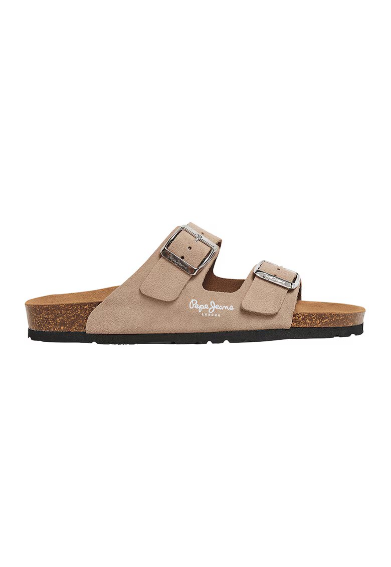 Pepe Jeans London Papuci de piele intoarsa cu catarame decorative - Maro nisip