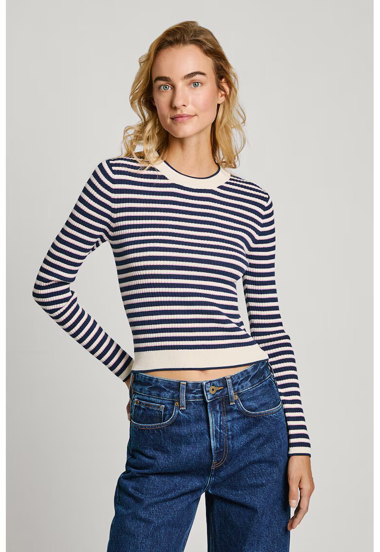 Pepe Jeans London Pulover cu decolteu la baza gatului si dungi - Alb/Bleumarin