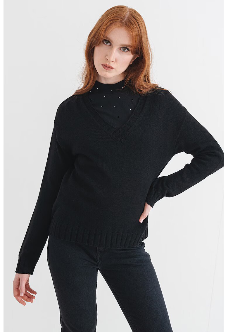 Pepe Jeans London Pulover din amestec de lana cu decolteu in V - Negru