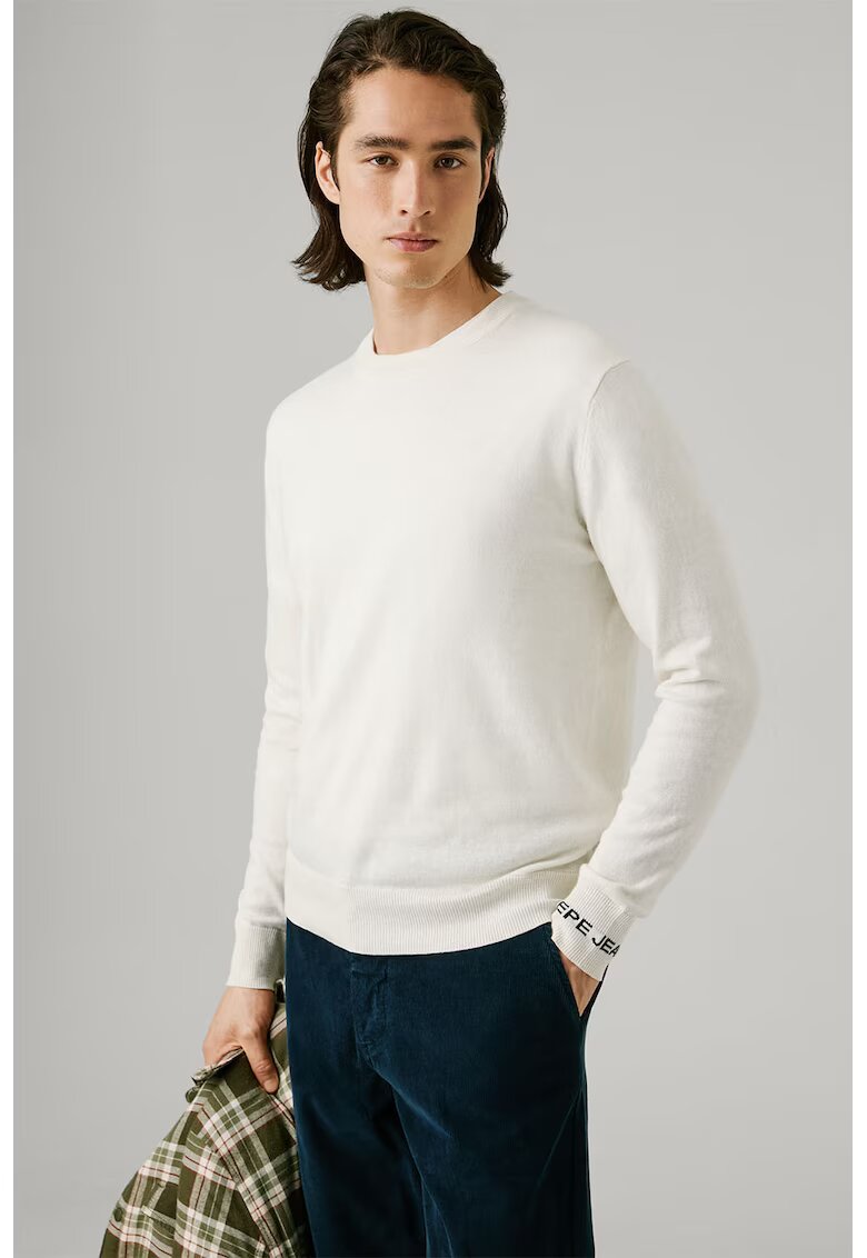 Pepe Jeans London Pulover uni cu margini striate - Alb fildes