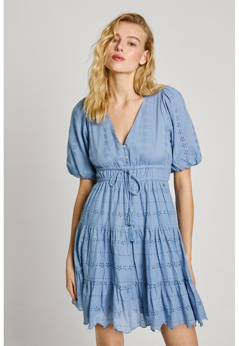 Pepe Jeans London Rochie cu decolteu in V si maneci bufante - Albastru lavanda
