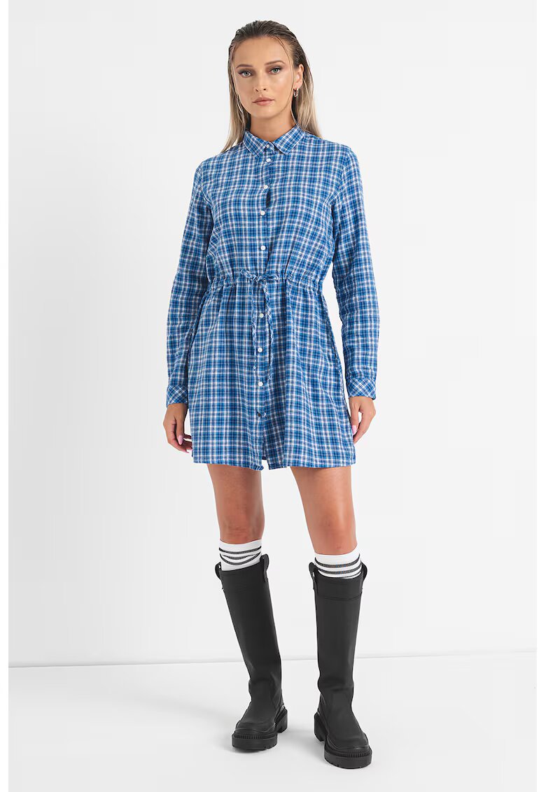 Pepe Jeans London Rochie de in si bumbac cu model in carouri Nicola - Albastru royal/Alb optic