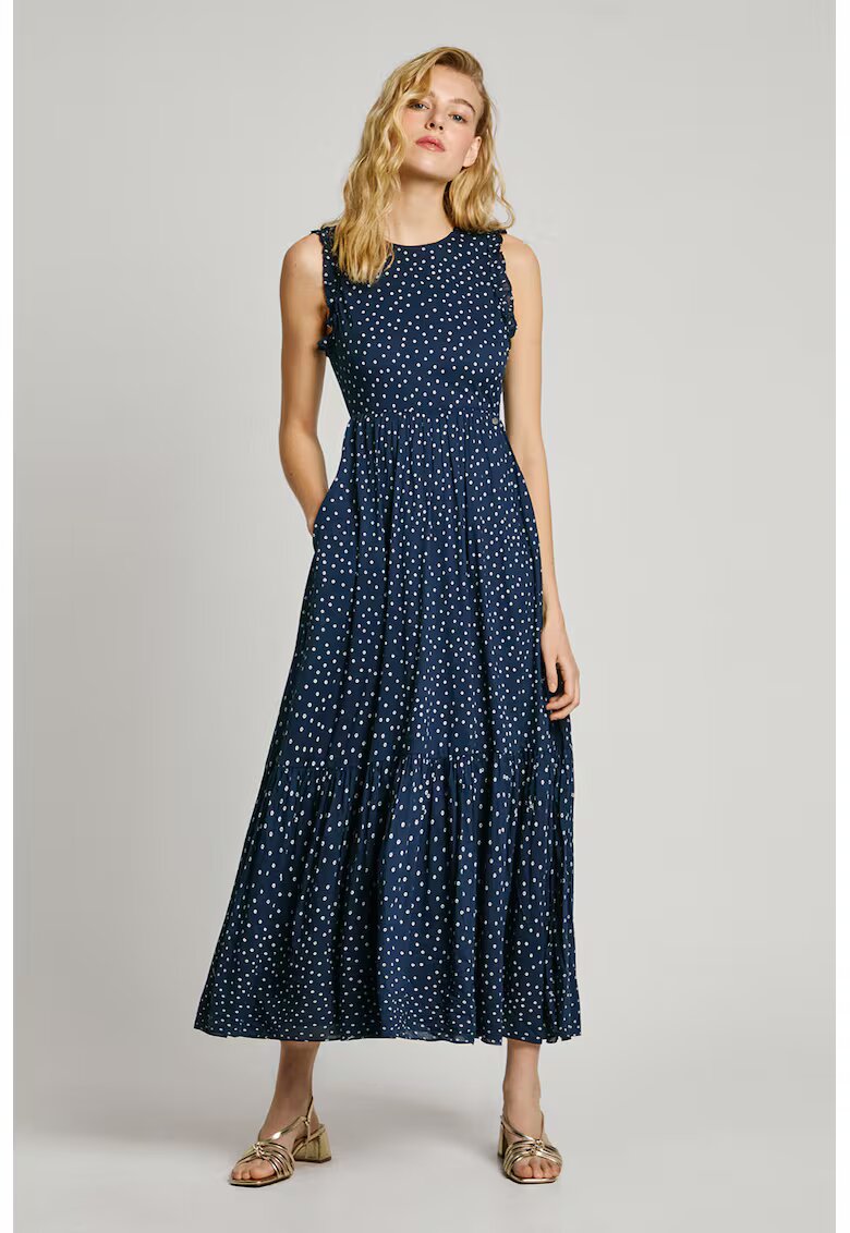 Pepe Jeans London Rochie evazata cu decupaj pe spate - Alb/Albastru indigo