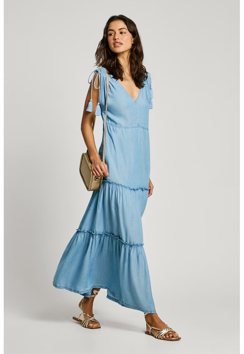 Pepe Jeans London Rochie maxi cu decolteu in V - Albastru deschis