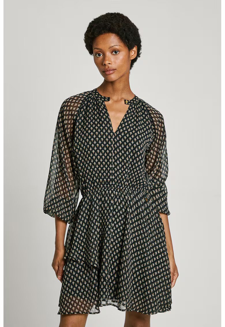 Pepe Jeans London Rochie mini evazata cu model - Negru/Albastru deschis