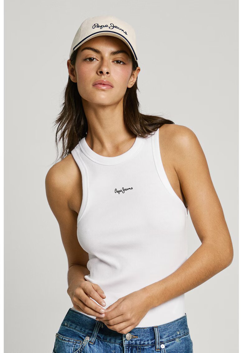 Pepe Jeans London Top cambrat cu logo brodat Marian - Alb