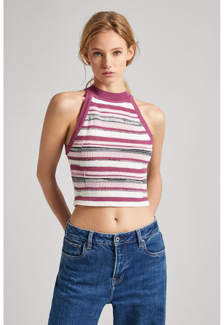 Pepe Jeans London Top crop cu model colorblock - Roz prafuit