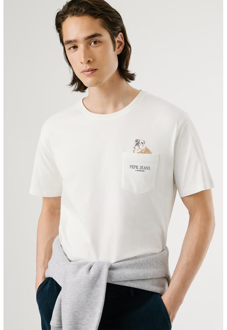 Pepe Jeans London Tricou cu decolteu la baza gatului si buzunar pe piept - Alb murdar