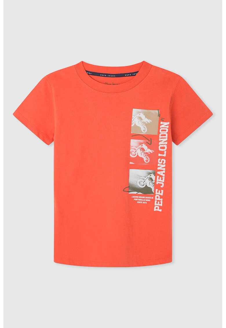 Pepe Jeans London Tricou cu decolteu la baza gatului si imprimeu - Alb/Portocaliu mandarina