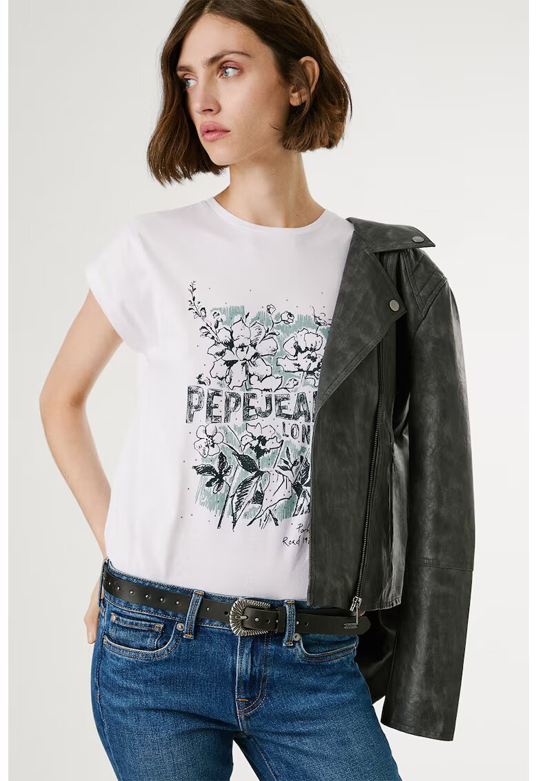 Pepe Jeans London Tricou cu decolteu la baza gatului si imprimeu logo - Alb/Negru/Turcoaz
