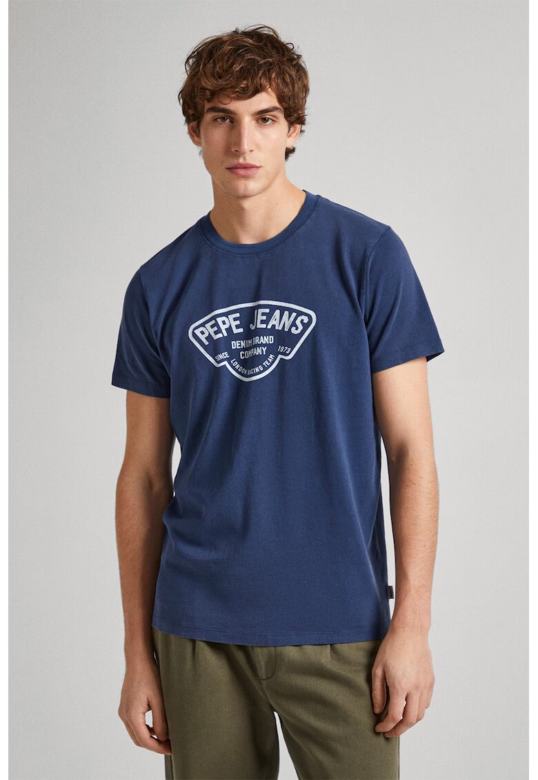 Pepe Jeans London Tricou cu decolteu la baza gatului si imprimeu logo - Albastru