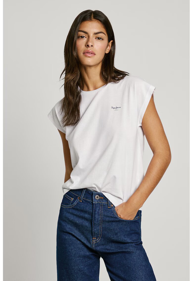 Pepe Jeans London Tricou cu decolteu la baza gatului si logo - Alb