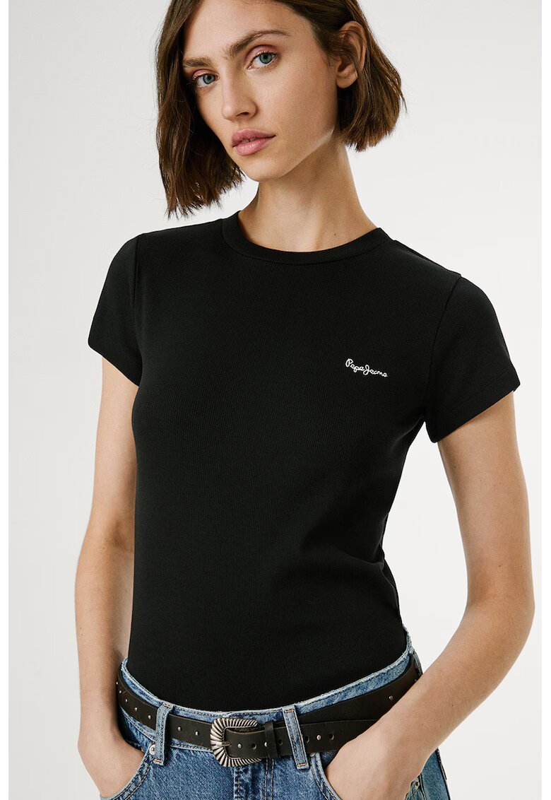 Pepe Jeans London Tricou cu decolteu la baza gatului si logo brodat - Negru