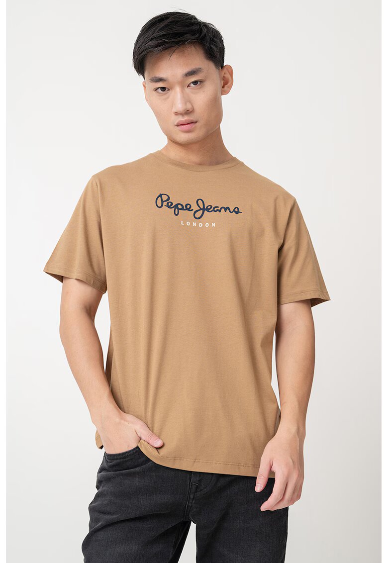 Pepe Jeans London Tricou cu decolteu la baza gatului si logo - Maro