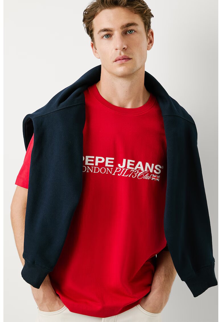 Pepe Jeans London Tricou cu decolteu la baza gatului si logo pe piept - Alb/Rosu vermillion