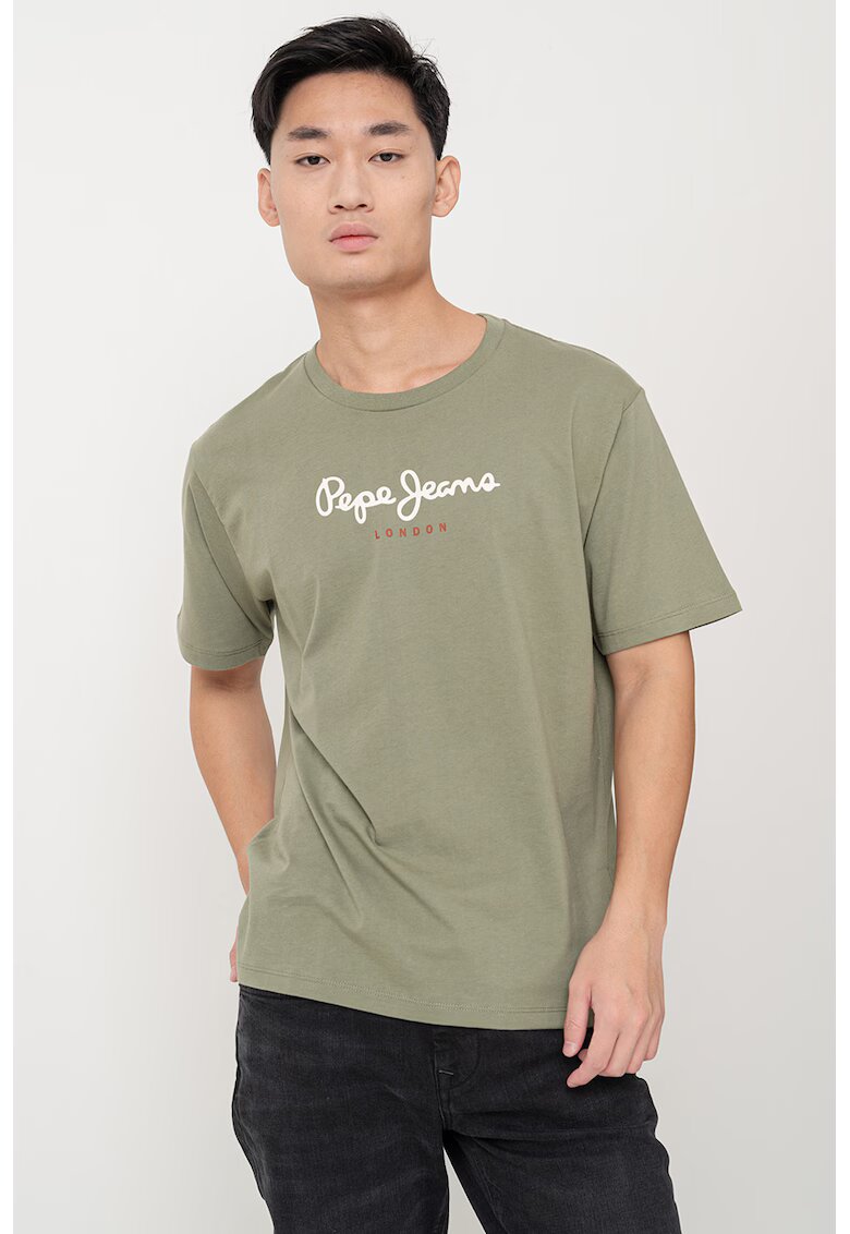 Pepe Jeans London Tricou cu decolteu la baza gatului si logo - Verde sparanghel