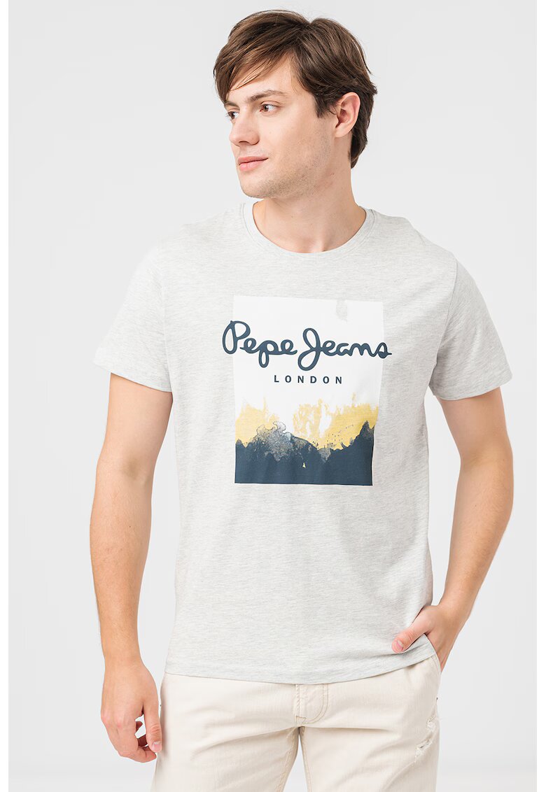 Pepe Jeans London Tricou cu imprimeu logo Roslyn - Gri melange/Kaki/Bleumarin
