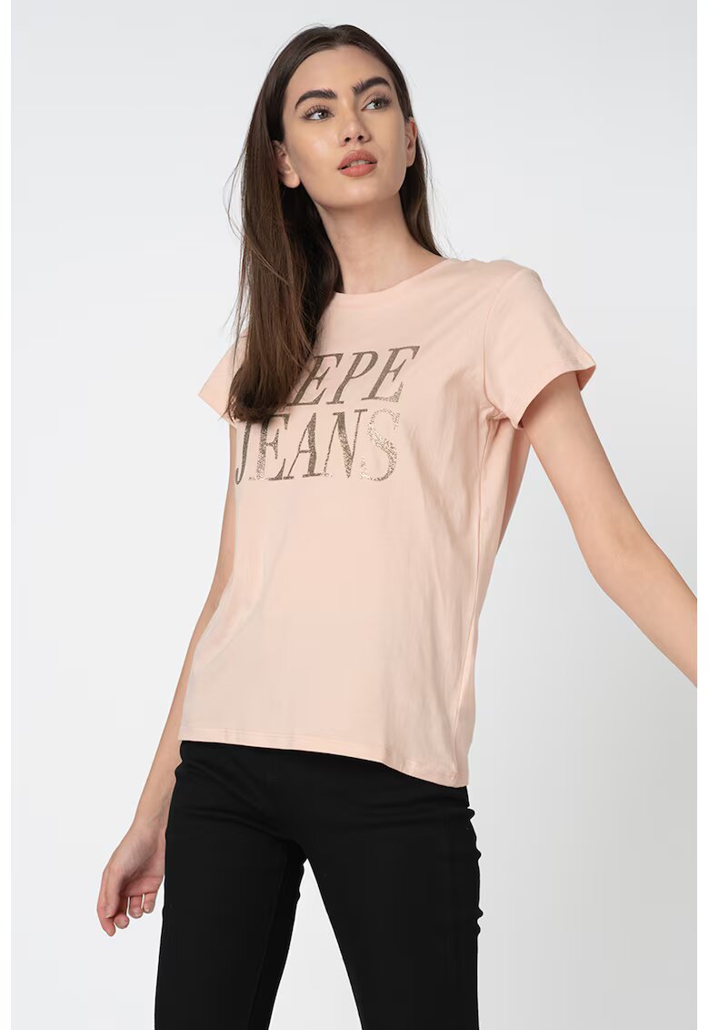 Pepe Jeans London Tricou cu imprimeu stralucitor Lucila - Piersica